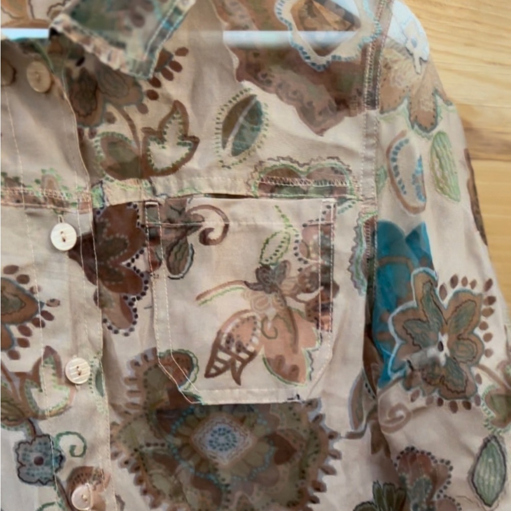 BAMBOO TRADERS | Flax Rayon Polyester Floral Sheer Lightweight Button-Up M - Picture 5 of 6